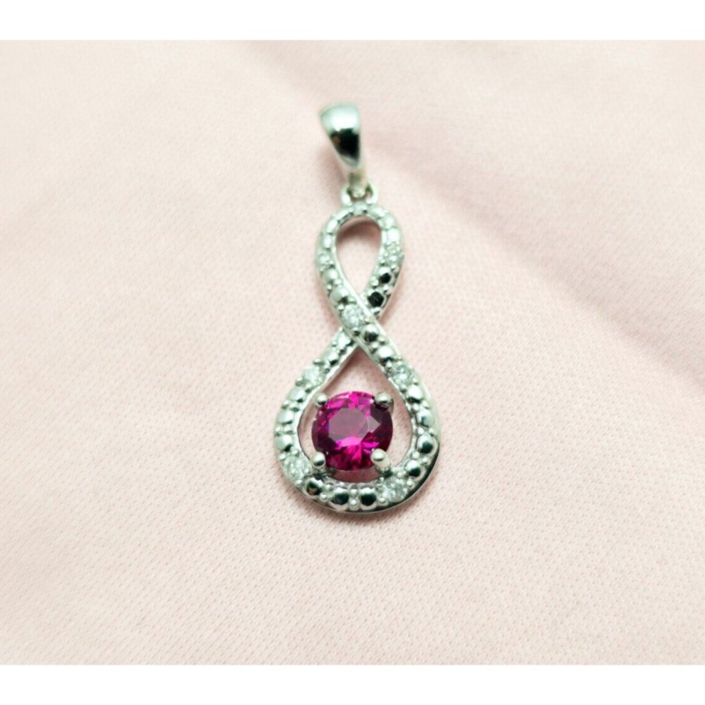 Unique 10k Karat Solid White Gold Designer Diamond  Ruby Infinity Charm Pendant